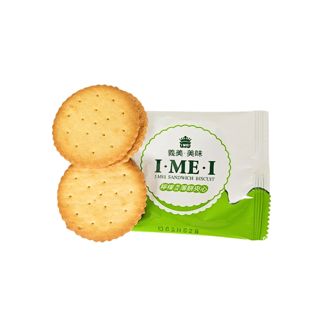 2 lemon sandwich biscuits with white and green I Mei packaging